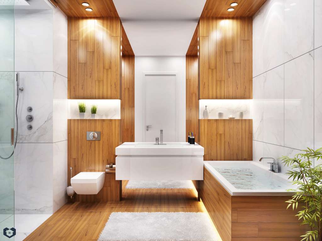 חדר אמבטיה בשילוב חיפוי עץ